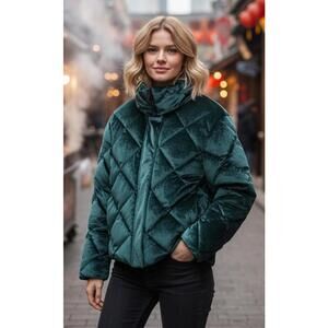 Jason Wu Emerald Velvet Quilted Puffer Hooded Luxe Women's M ✨